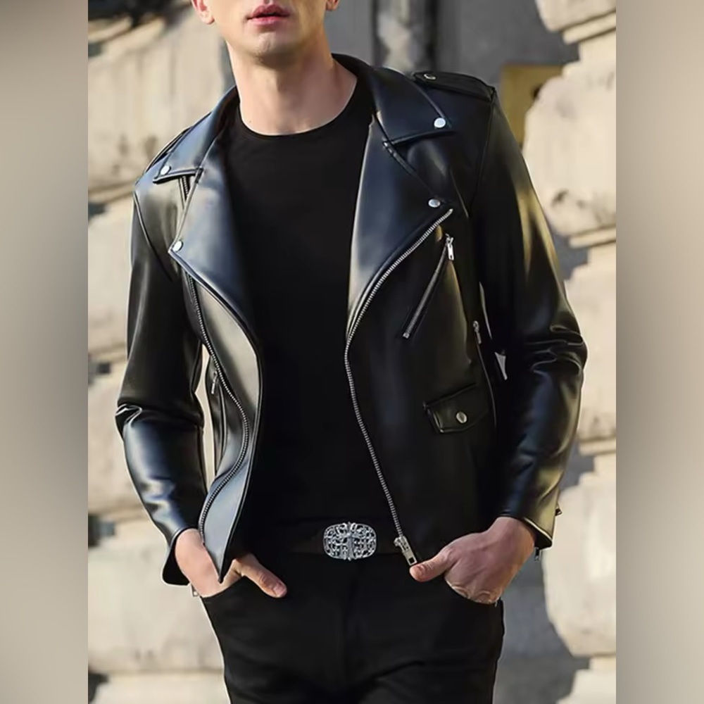 Nerazzurri Short Fitted Cool Black Faux Leather Biker Jacket Zipper Long Sleeve